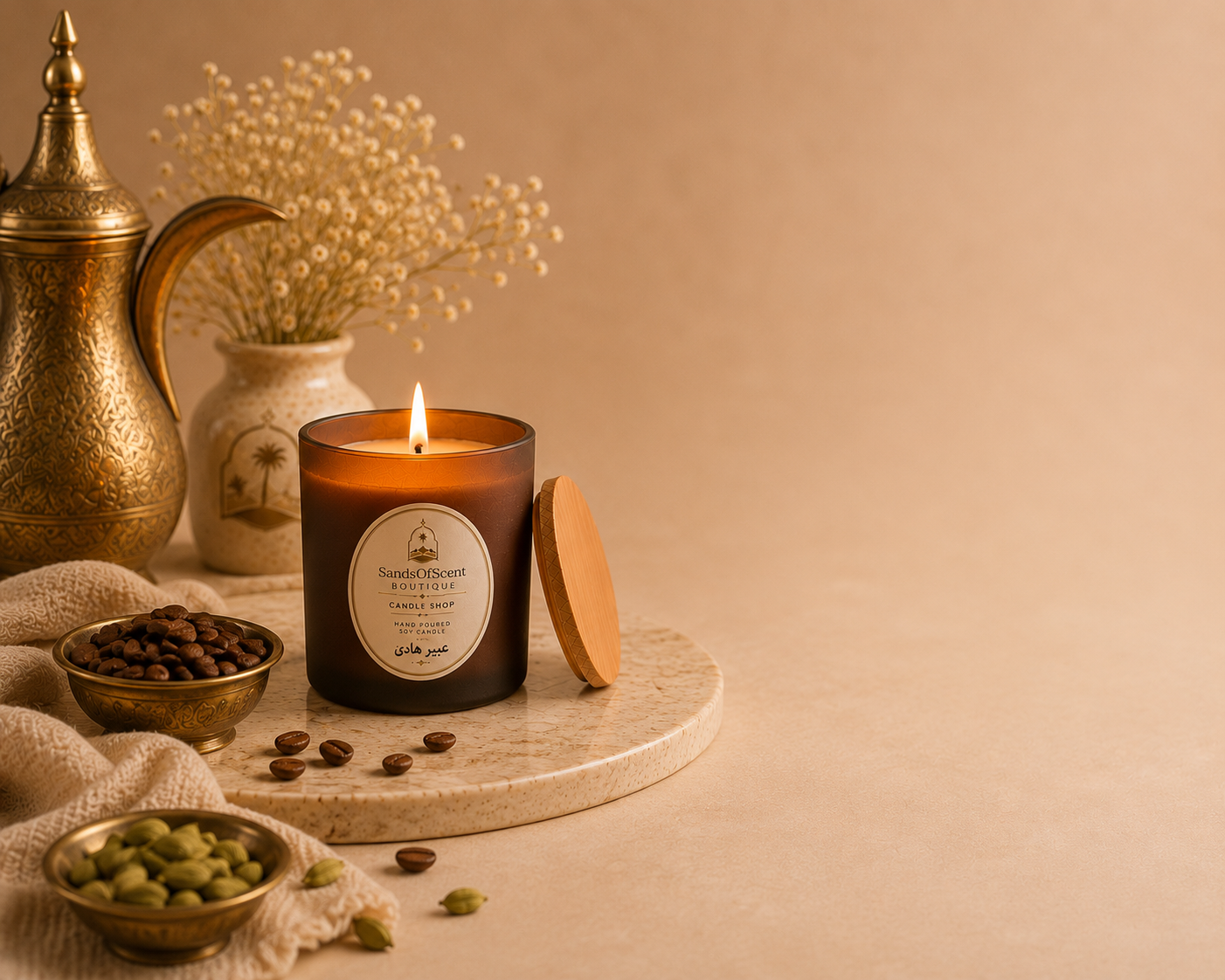 Sands of Scent signature candle glowing on a styled tabletop