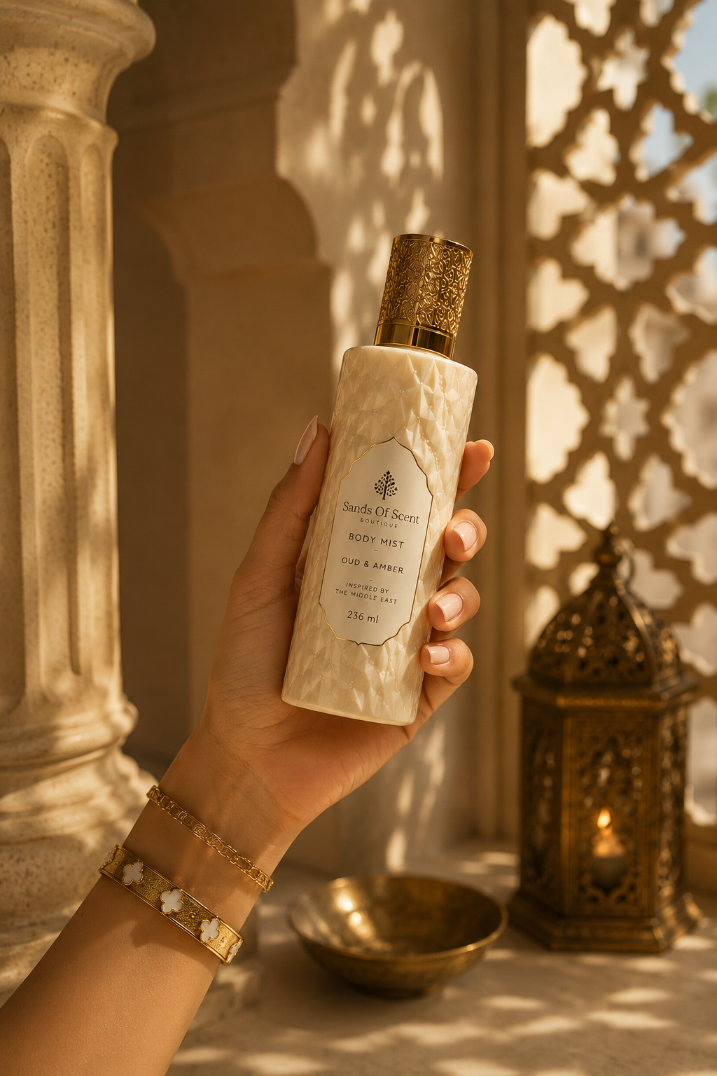 Sands of Scent body mist held in front of an ornate Middle Eastern arch