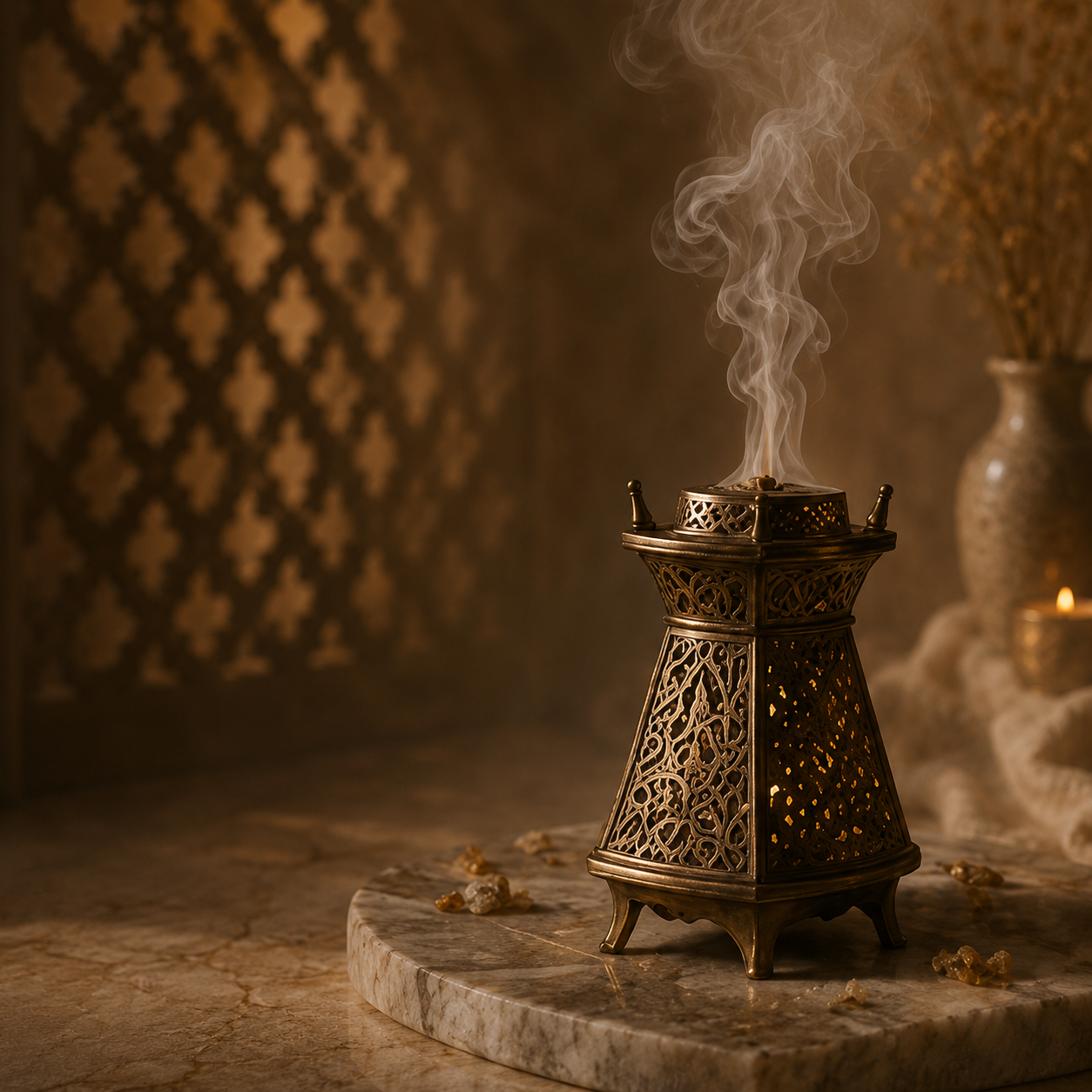 Ornate brass incense burner in warm light