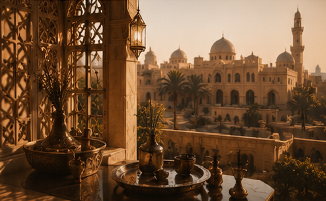 View of a Middle Eastern palace skyline through an ornate window