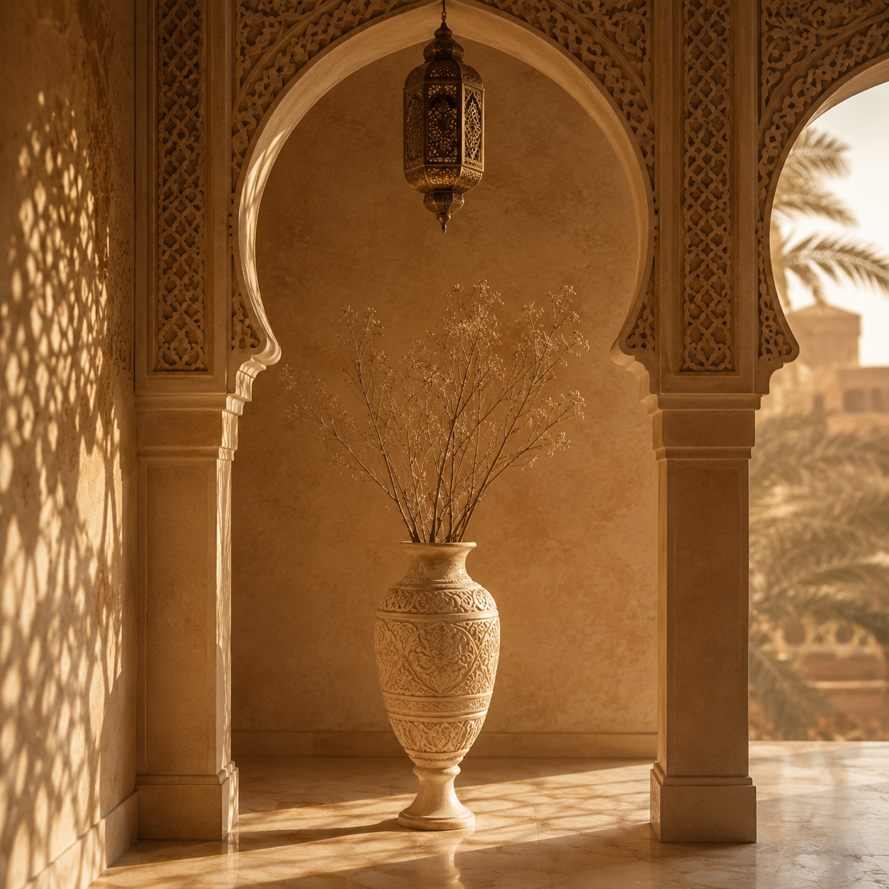 Moorish archway with ornate vase
