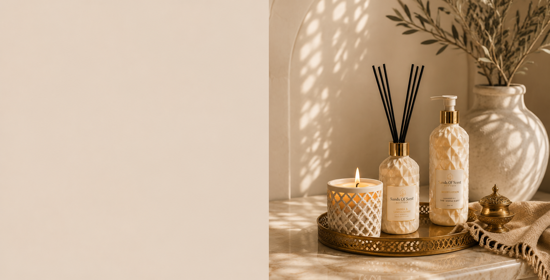 Sands of Scent candle, diffuser, and body lotion on a brass tray in warm Middle Eastern light
