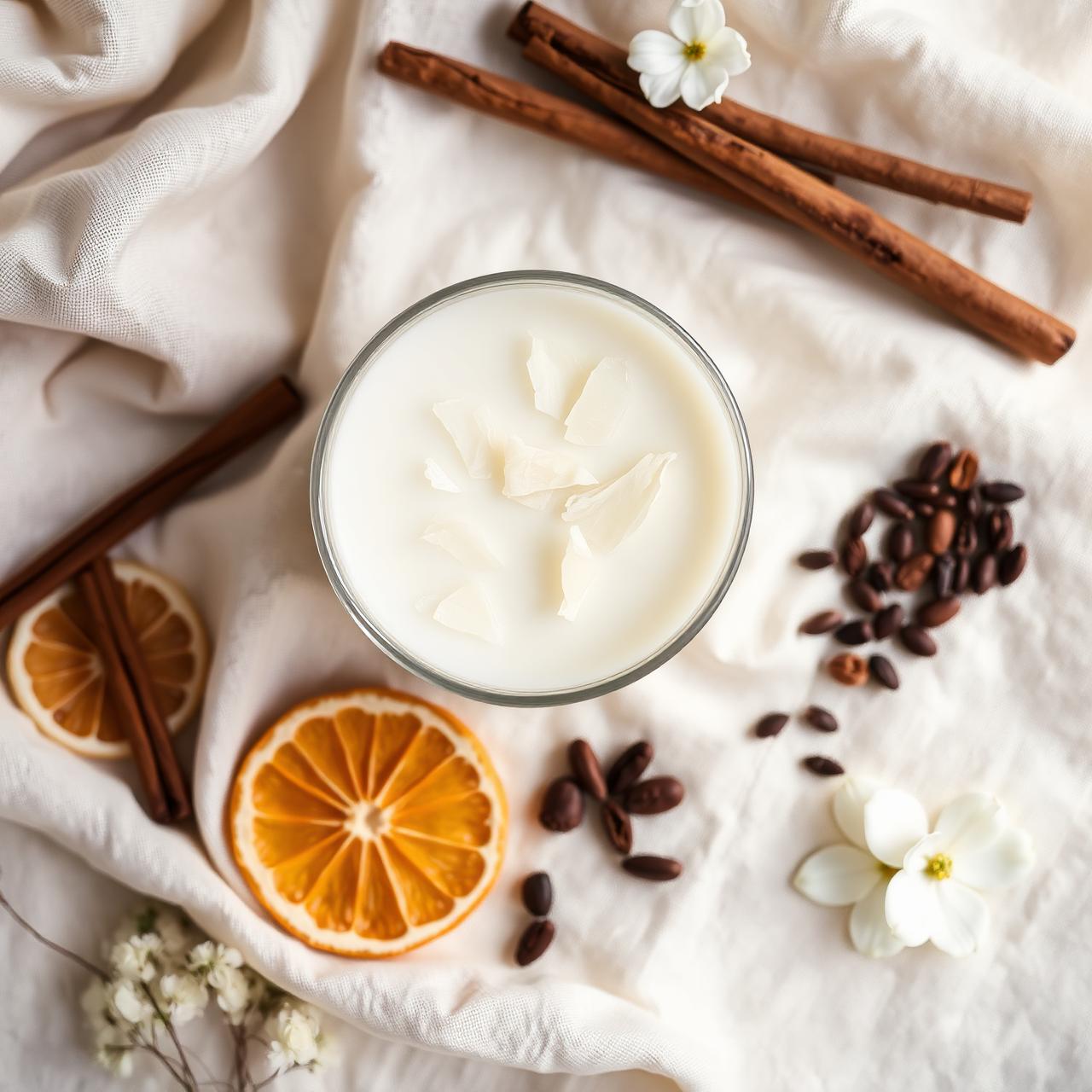 Soy wax flakes and natural ingredients on a workbench