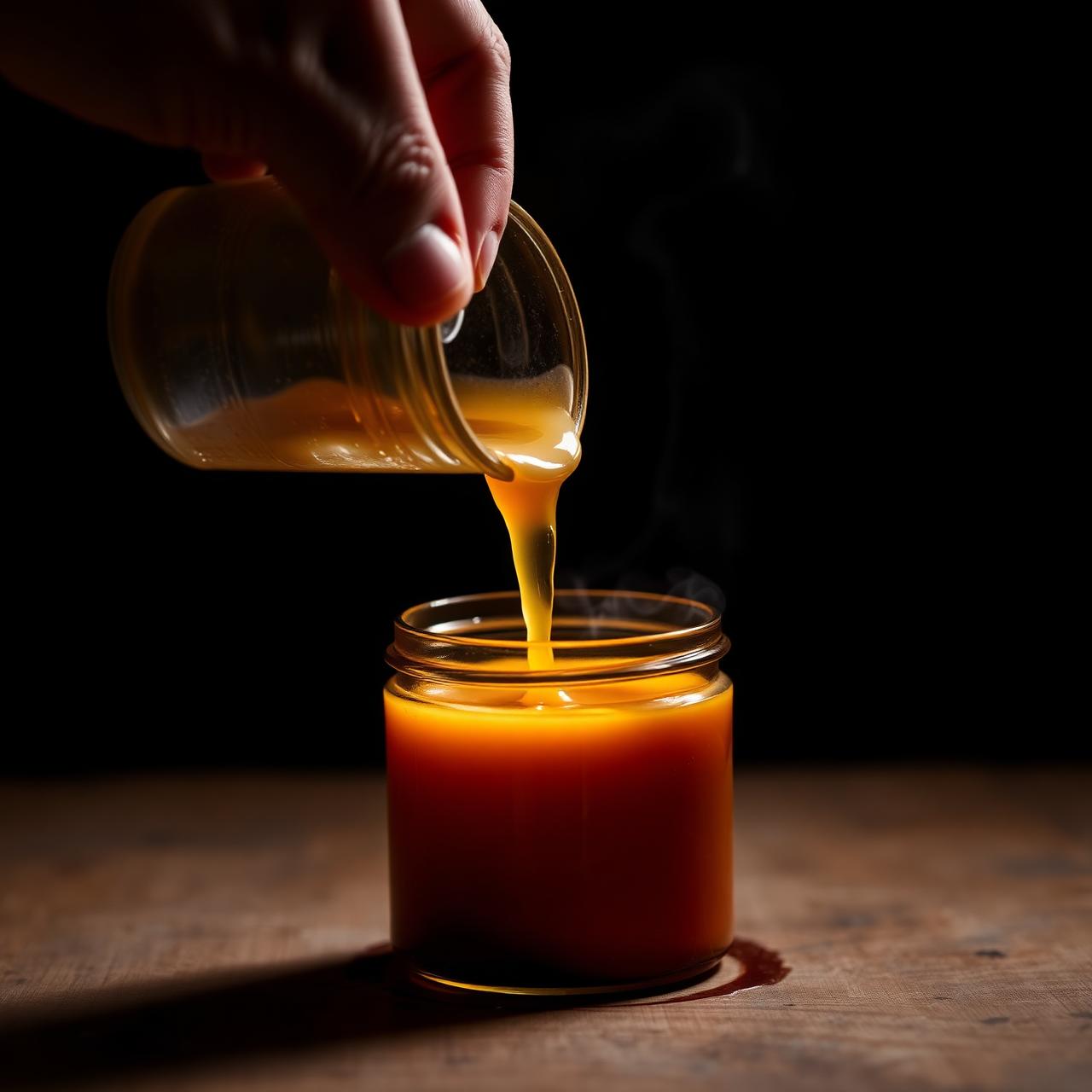 Pouring molten soy wax into an amber jar